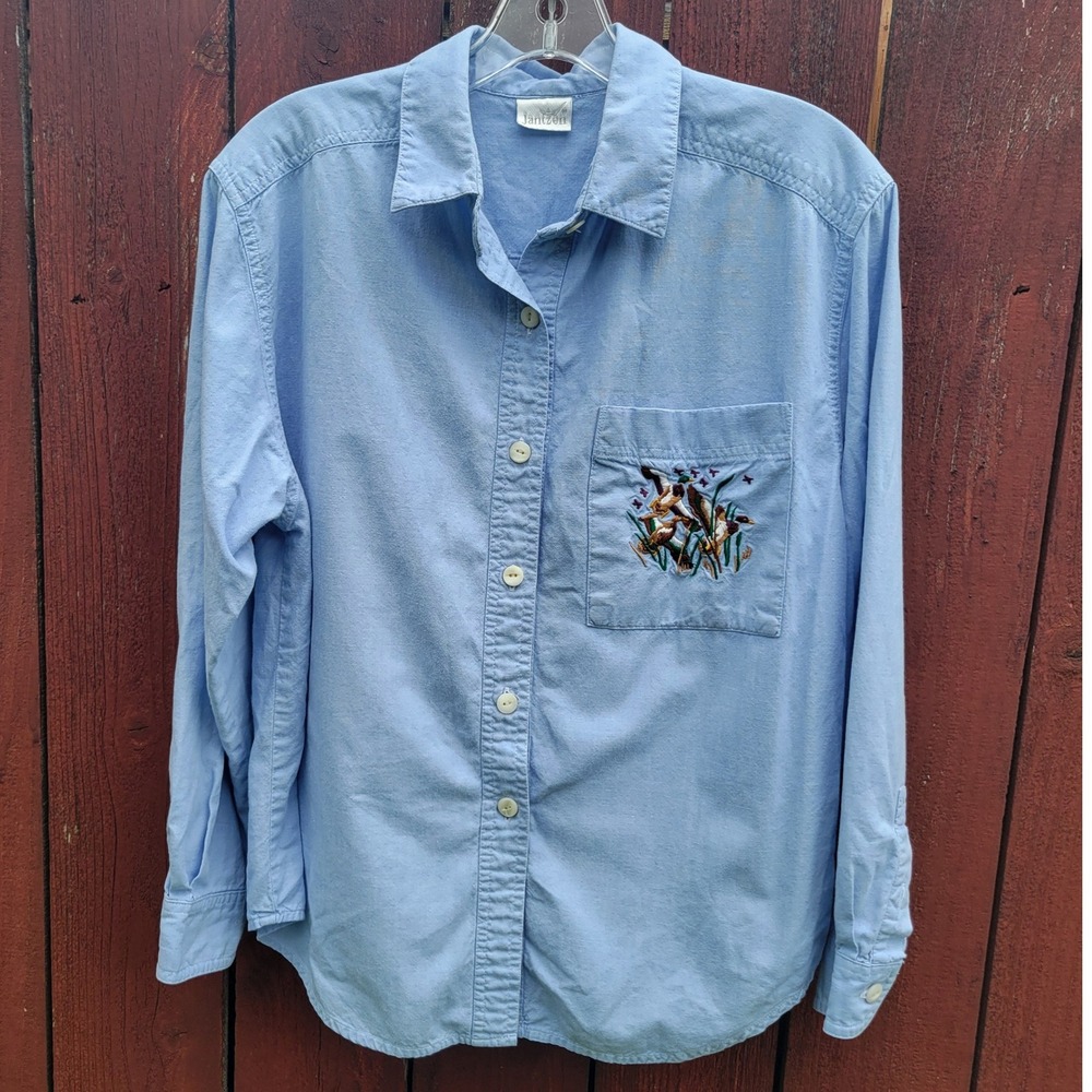 Jantzen Vintage 90s Blue Embroidered Mallard Duck Button Down Shirt Lng Sleeve M